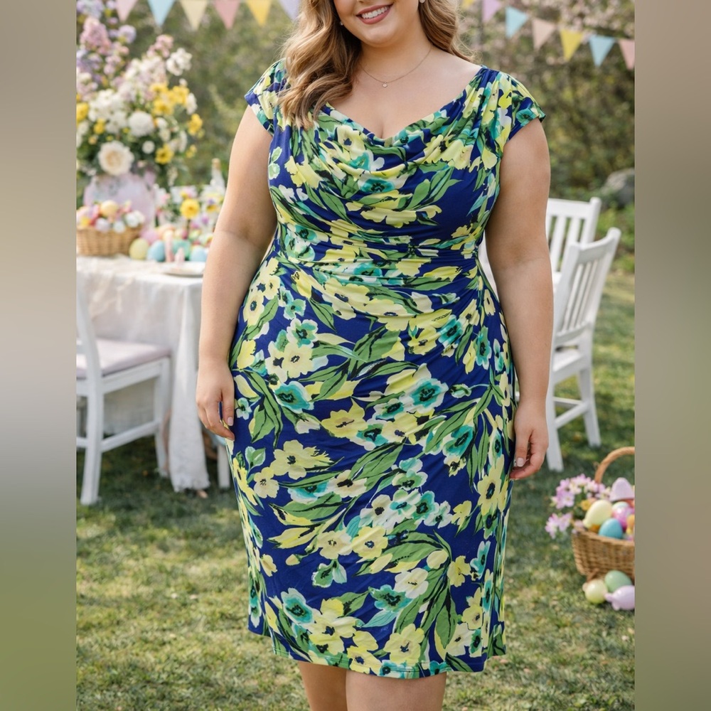 Ralph Lauren Blue Green Yellow Floral Easter Spring Midi Dress Size 18